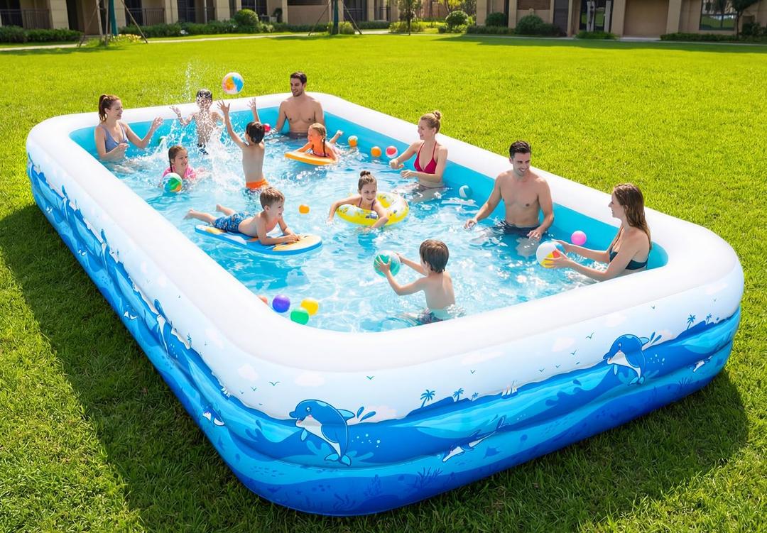 Extra Large Inflatable Pool for Adults, 165"x76"x22" Full-Sized Blow Up Pool with 0.6mm PVC & Cute Animal Print, Big Family Swimming Pool for Backyard Outdoor Summer Water Party
