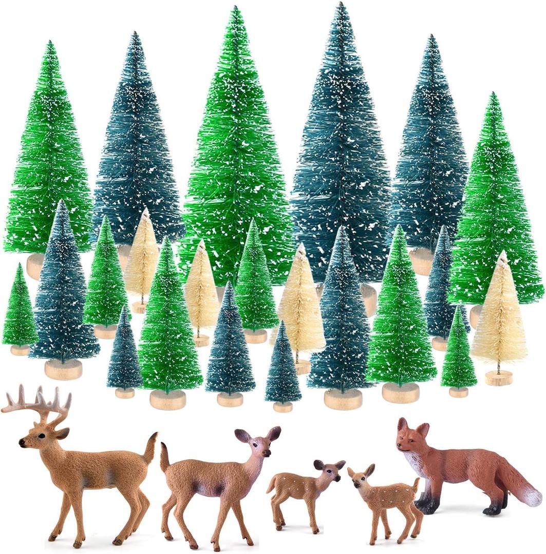 KUUQA 25 Pcs Mini Sisal Trees Bottle Brush Trees Snow Frost Trees with Miniature Figures Woodland Animals Deer Fox Table Top Crafts DIY Room Decor Mini Christmas Village Decoration, Small Size Trees (Blue-green+green+off-white)