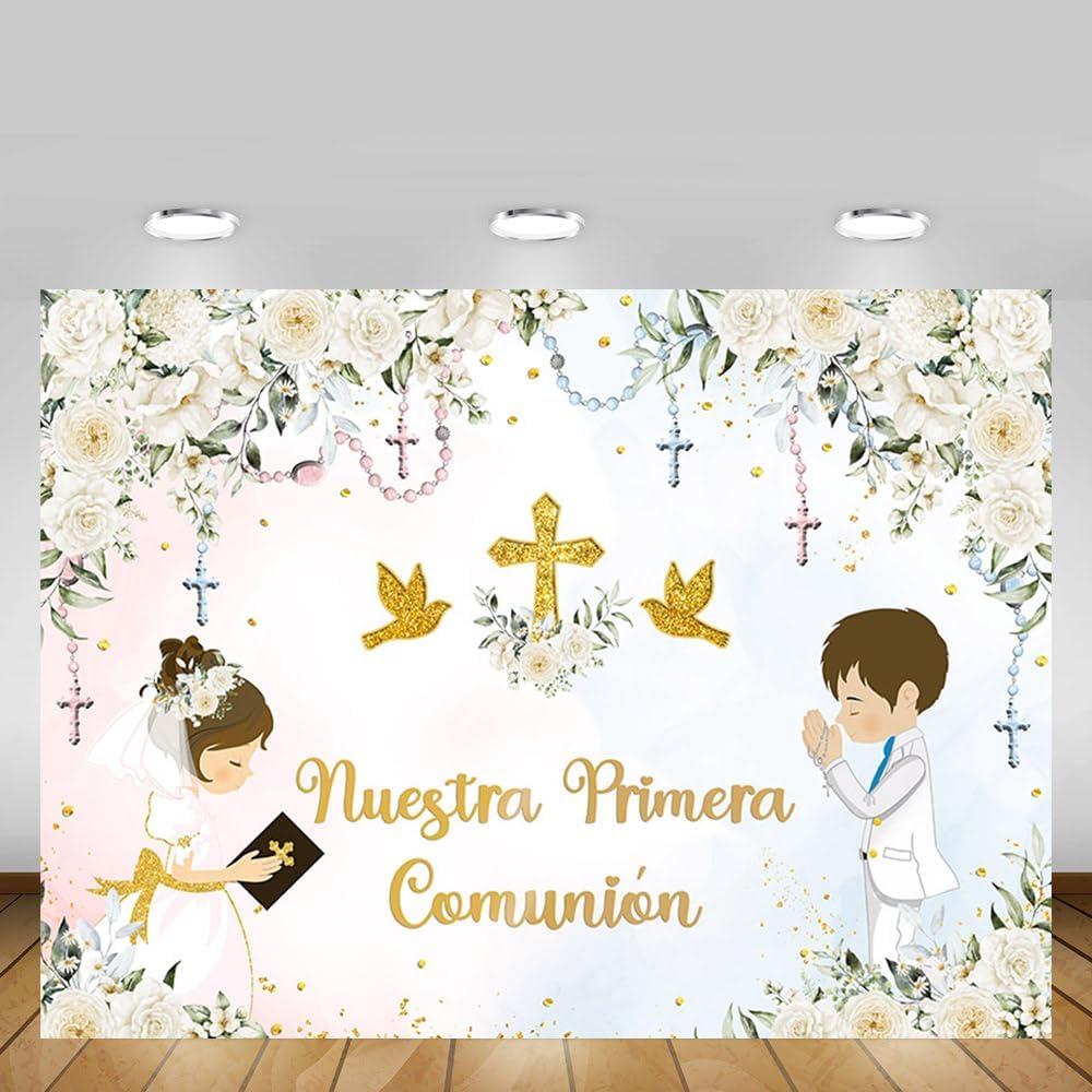 MEHOFOND Floral Nuestra Primera Comunión Baptism Backdrop for Boy and Girl Siblings First Holy Communion Banner God Bless Christening Party Photography Background Banner Sign Photo Booth Props 7x5ft