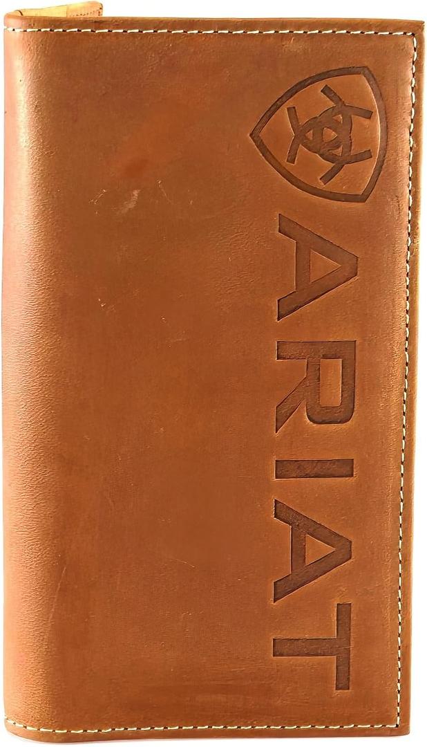 ARIAT Men's Rodeo Style Wallet, Genuine Leather with Debossed Logo, Multiple Card Slots, ID Window, Medium Brown