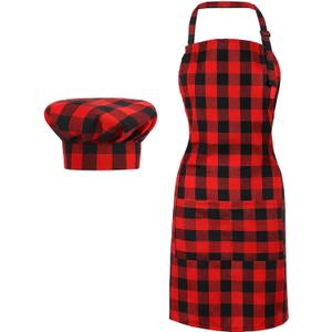 SATINIOR 2 Pcs Chef Costume for Women Men Chef Hat Apron Set for Adult Baker Apron Hat for Cooking Cosplay(Red, Black,Plaid Style)