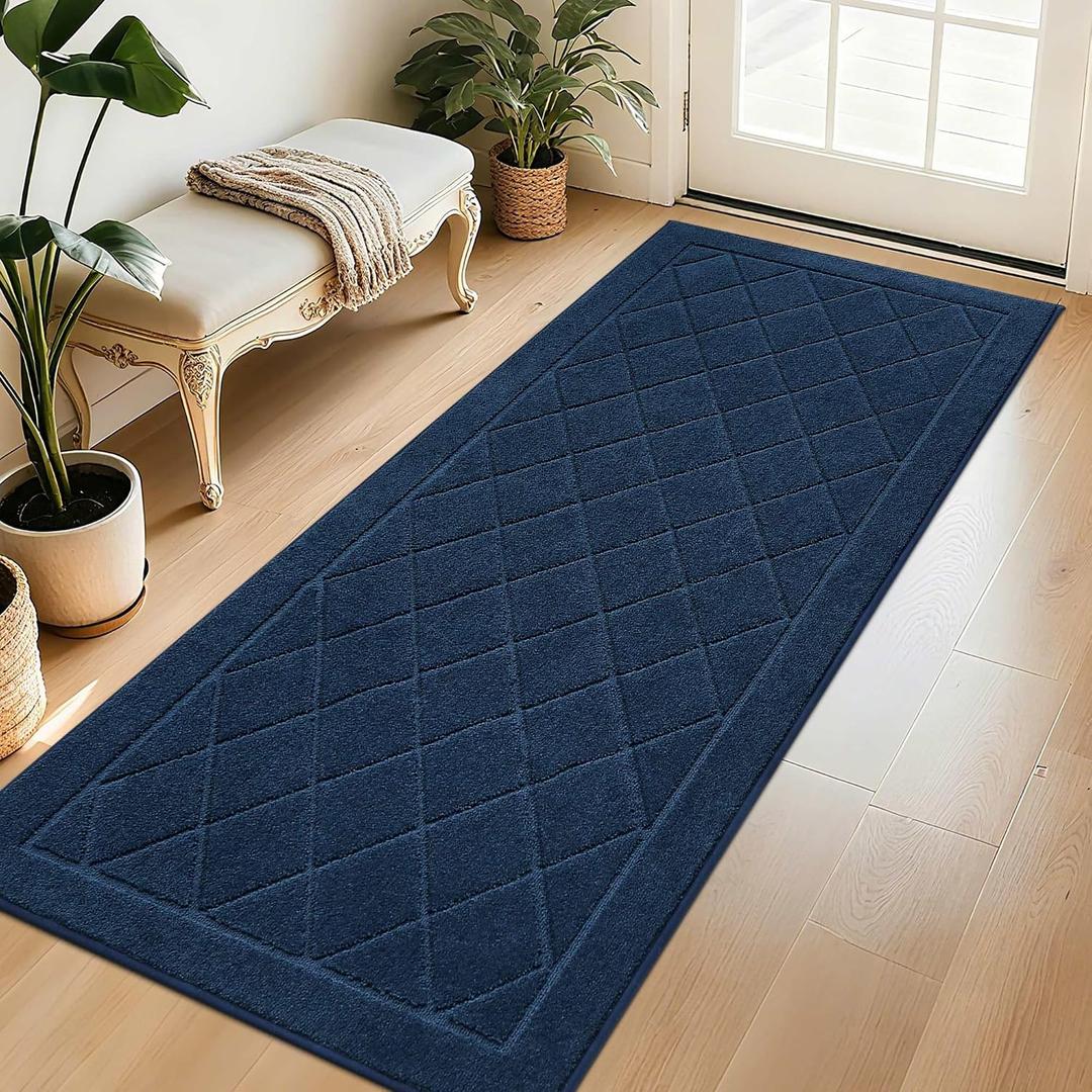 BEQHAUSE Dirt Trapper Door Mat 32" x 72", Doormat Non-Slip Entryway Rugs Washable, Dog Door Mat Stain Resistant and Absorbent Welcome Floor Mat for Front Back Door, Mud Wet Shoes & Paws, Navy Blue
