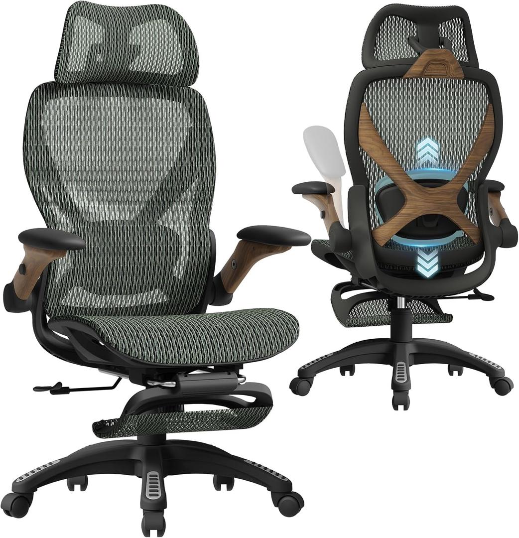 ELABEST X100 Ergonomic Mesh Office Chair with Footrest, Big and Tall Home Desk Chair with 5D Flip-Up Arms, Adjustable 3D Lumbar Support, Gaming & Executive Computer Chair, 24in x 26in x 41in
