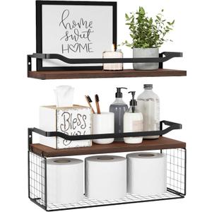 WOPITUES Floating Shelves with Wire Storage Basket, Bathroom Shelves Over Toilet with Protective Metal Guardrail, Wood Wall Shelves for Bathroom, Bedroom, Living Room, Toilet Paper- Dark Brown