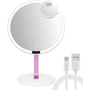 9.65-inch Lighting Makeup Mirror, 1x / 10x, Touch Control, 3-Color Adjustable, Metal Stand, up and Down Adjustable Makeup Mirror,High Color Rendering, Eye-Protecting Light Source,Pink