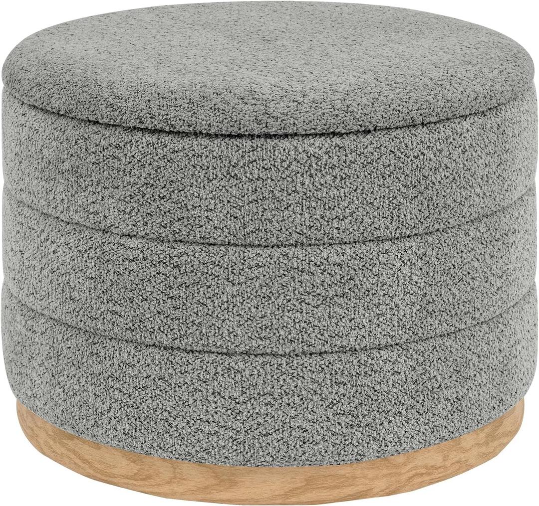 Round Storage Ottoman with Tray Lid, Folding Chenille Fabric Footrest with Hidden Storage, 22.8" Large Footstool Side Table for Dorm Living Room Bedroom, Wood Grain Base, Grey, 22.8"D x 22.8"W x 17.3"H