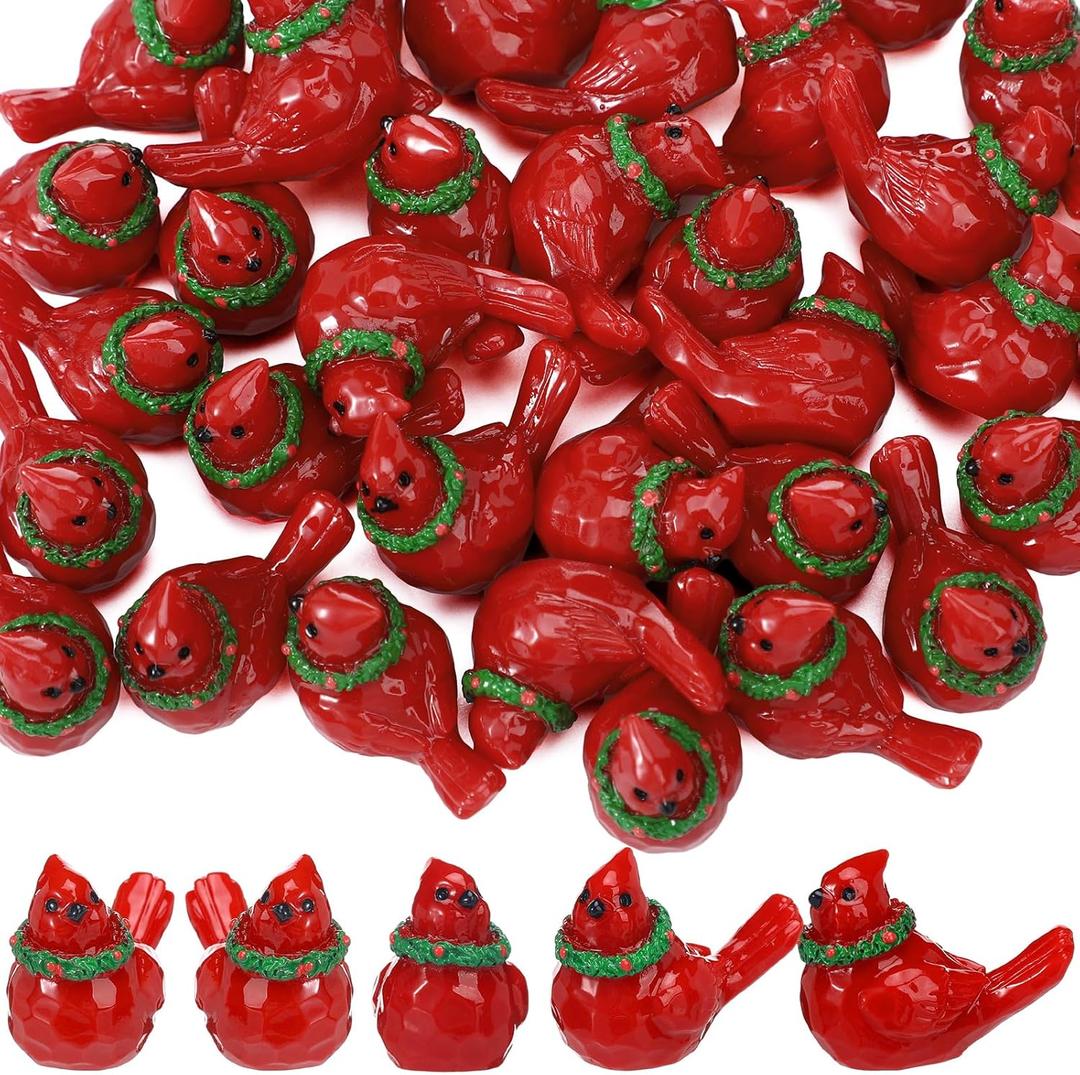 Pinkunn 100 Pcs Mini Resin Cardinal Bird Figurines Decoration Tiny Red Cardinal Bird Figurines Christmas Ornaments for Gift Xmas Miniature Garden Crafts Cake Topper Christmas Decoration