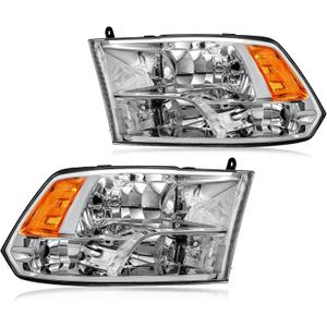 Headlight Assembly, Compatible with 2009-2018 Dodge Ram 1500/2010-2018 Ram 2500 3500 4500 5500(Only fit factory quad beam halogen headlights) Chrome Housing Amber Reflector