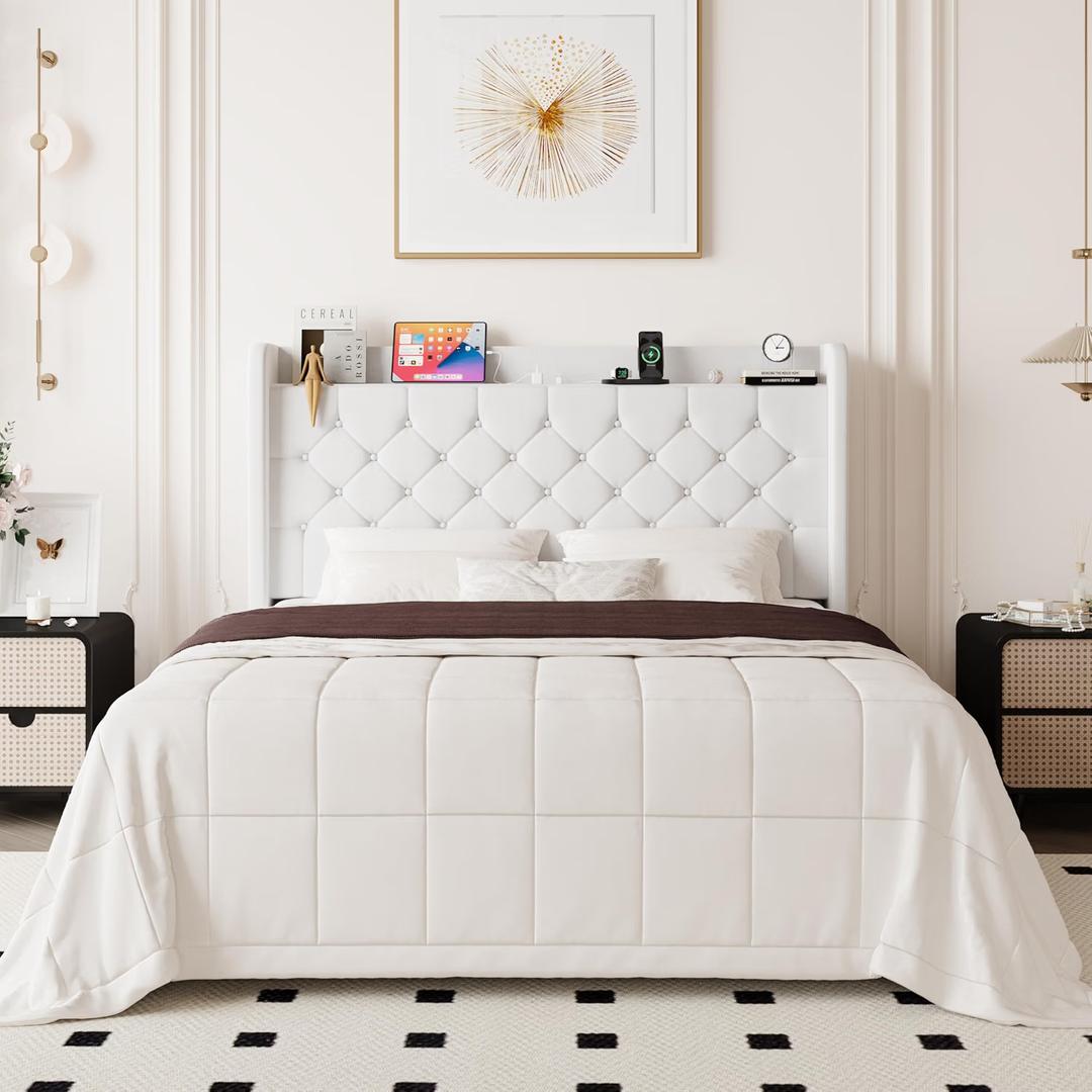 Allewie Full Size Bed Frame, Storage Headboard & Charging Station, WhiteVelvet Upholstered Platform Bed with Button Tufted Wingback Headboard, No Box Spring Needed, Noise-Free, Easy Assembly