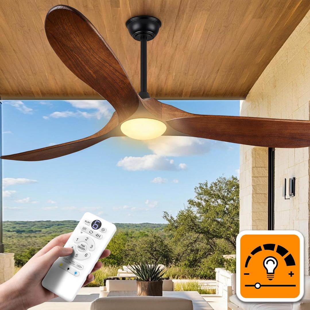 52 Inch Ceiling Fans with Lights and Remote Control, Outdoor Ceiling Fan with Light Solid Wood 3 Blade Propeller Ceiling Fan, Quiet High CFM Damp Rated Outdoor Fan for Patios Farmhouse, Dark Walnut