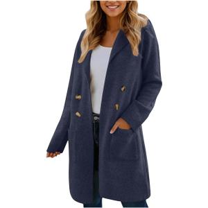 Womens Fall Winter Wool Coats Double Breasted Midi Peacoat Trench Coats Navy XL