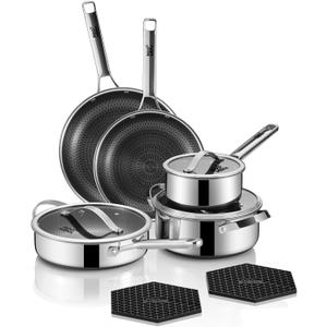Pots and Pans Set Hybrid Stainless Steel, 10PC Nonstick Tri-Ply Cookware Set w/Frying pan, Dishwasher & Oven Safe, PFOA-Free, Metal Utensil Safe, Suitable for All Cooktops