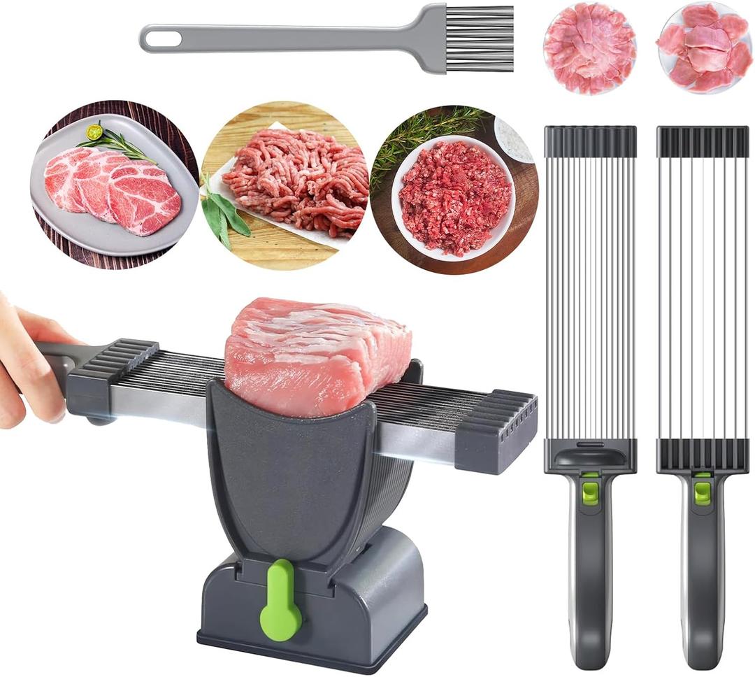 Fresh Meat Slicer for Home  Manual Cleaver Knife Set with Adjustable Thickness (2mm/4mm), 17 Blades Create 18 Slices  Food Cutter for Beef, Pork, Mutton, Jerky, BBQ & Hot Pot  Gray