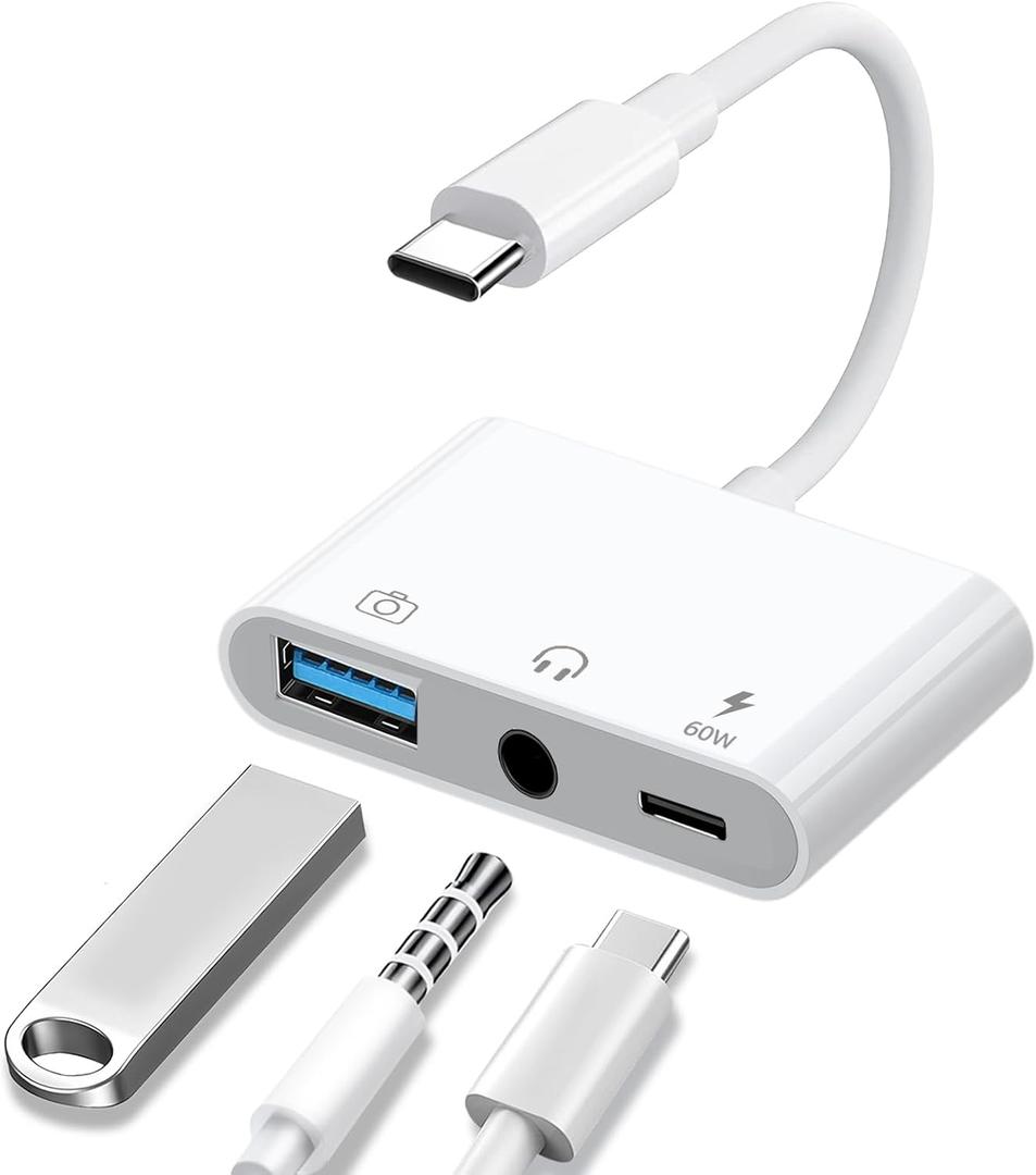 Aux to USB C to USB Adapter, 3-in-1 USB OTG Adapter with USB C to 3.5mm Audio Adapter and 60W PD Fast Charging Port, Compatible with iPhone15/16/17, iPadPro, MacBook, Galaxy S23 and More