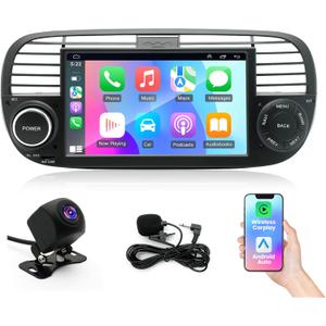 Android 14 Car Stereo Radio for Fiat 500 2007-2015 4+64G Radio with Wireless CarPlay/Android Auto, 7" IPS HD Touch Screen Radio with WiFi/GPS/Bluetooth/Mirror Link/FM/USB/SWC/Backup Camera/Mic (Black)