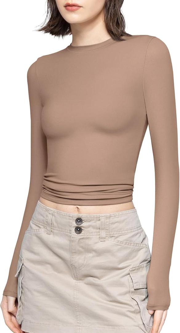 PUMIEY Women's Long Sleeve T Shirts Crew Neck Slim Fit Tops Sexy Basic Tee Smoke Cloud Pro Collection S