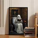 XWNLTEPK Halloween Canvas Wall Art Spooky Ghost Reading on Toilet Poster Vintage Bathroom Scene with Floral Painting Wooden Table Books Decor for Living Room Bedroom (8x12in Black Framed, A03)