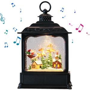 Christmas Snow Globe Swirling Glittering Santa Flying with Reindeer Scene with Timer & Music, Lighted Water Lantern USB Lined/Battery Operated for Christmas Festival Decoration Gifts