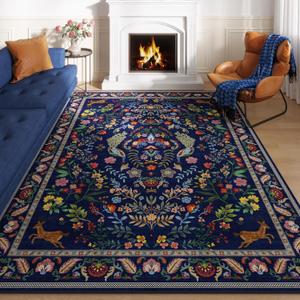 Rugcomf 8x10 Area Rugs for Living Room Washable Rug Floral Non-Slip Large Rug for Living Room, Bedroom, Farmhouse, Dining Room, Kids Playroom(Blue)