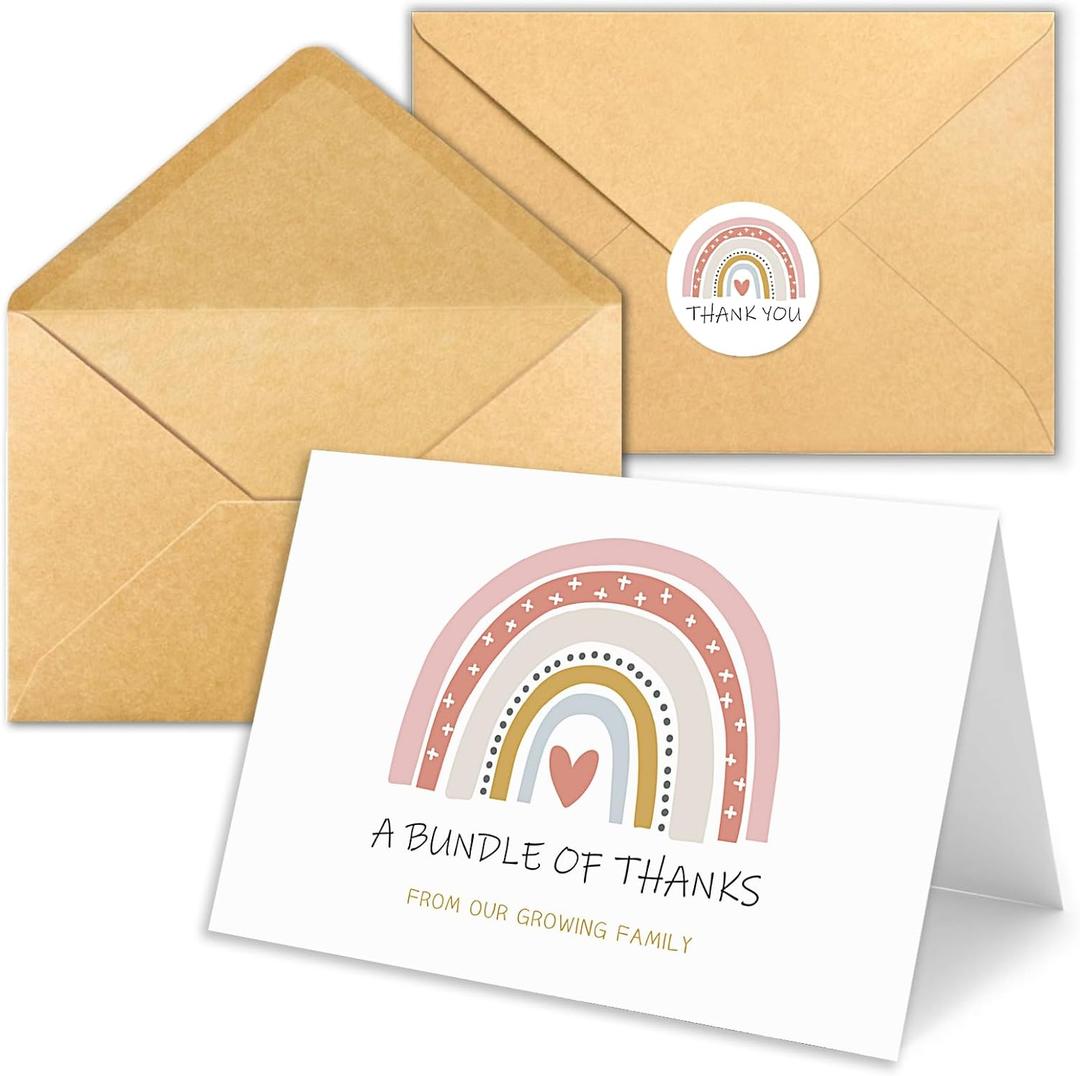 50 Pack Baby Shower Thank You Cards with Envelopes (4"x6"), Boho Rainbow Watercolor Thank You Cards for Baby Shower Birthday Supplies, Baby Shower Thank You Cards for Baby Girl Baby Boy