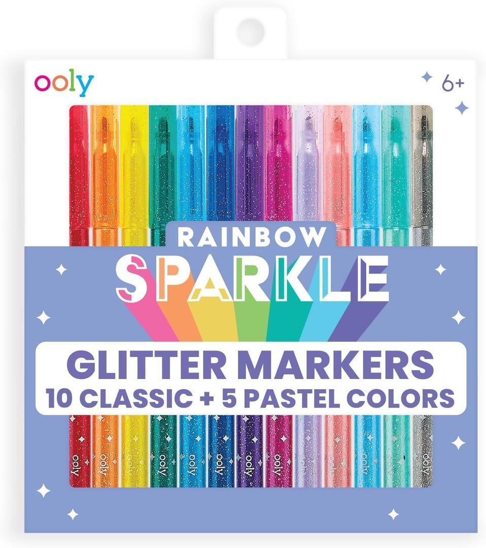 Ooly Rainbow Sparkle Glitter Markers Set of 15, Includes 5 Pastel & 10 Classic Color Markers, Glittery & Sparkling Marker for Kids, 2mm Nib for Medium Sized Lines - GLITTER VARIETY PACK