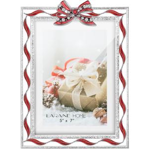 LARAINE Picture Photo Frame 5x7 Metal Ribbon Bow Rhinestones High Definition Display Pictures for Tabletop Home Decorative Holiday Gift (Silver)