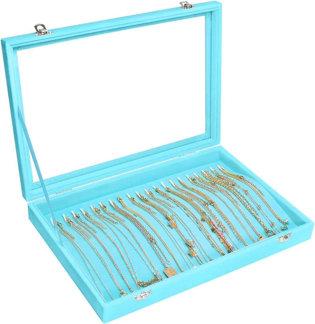 Necklace Organizer Box Premium 20 Hooks Velvet Necklace Display Jewelry Tray with Transparent Lid Jewelry Necklace Display Box for Necklace Pendants Suitable for Women and Girls (Light Blue)
