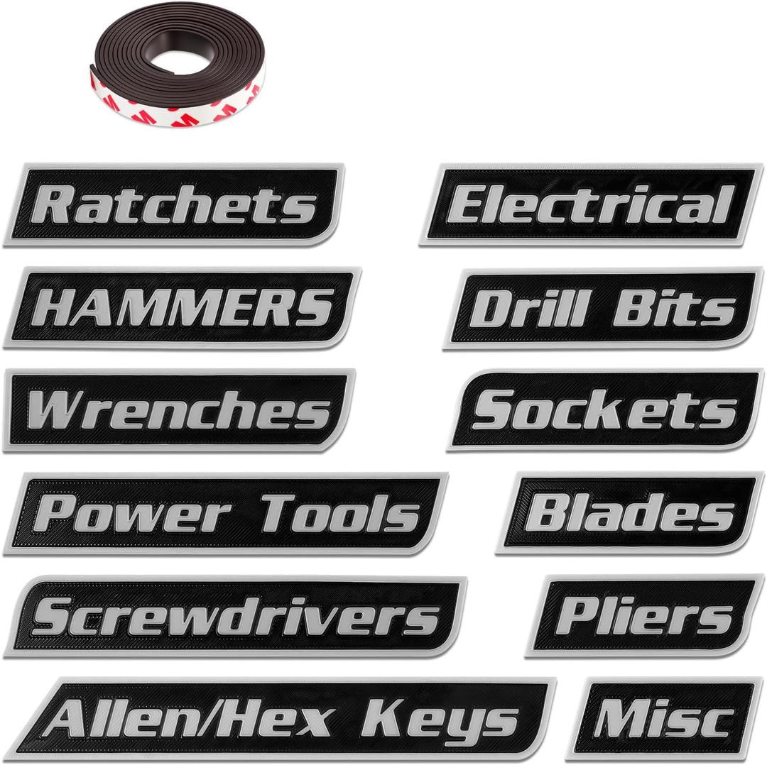 Magnetic Tool Box Labels, Durable Premium High Magnetic Toolbox Labels, 12/ Pack of Custom Premium Magnetics Toolbox Label for Tool Organization, for Mechanics, Diyers (Black, 12Pack)
