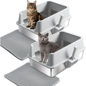 Stainless Steel Litter Box 2 Pack, Metal Cat Litter Box with Lid High Sides,XL Extra Large Litterbox for Big Cats,Non-Stick, Anti-Leakage,Easy to Clean,Include Litter Mat & Scoop,23x14.6x10in