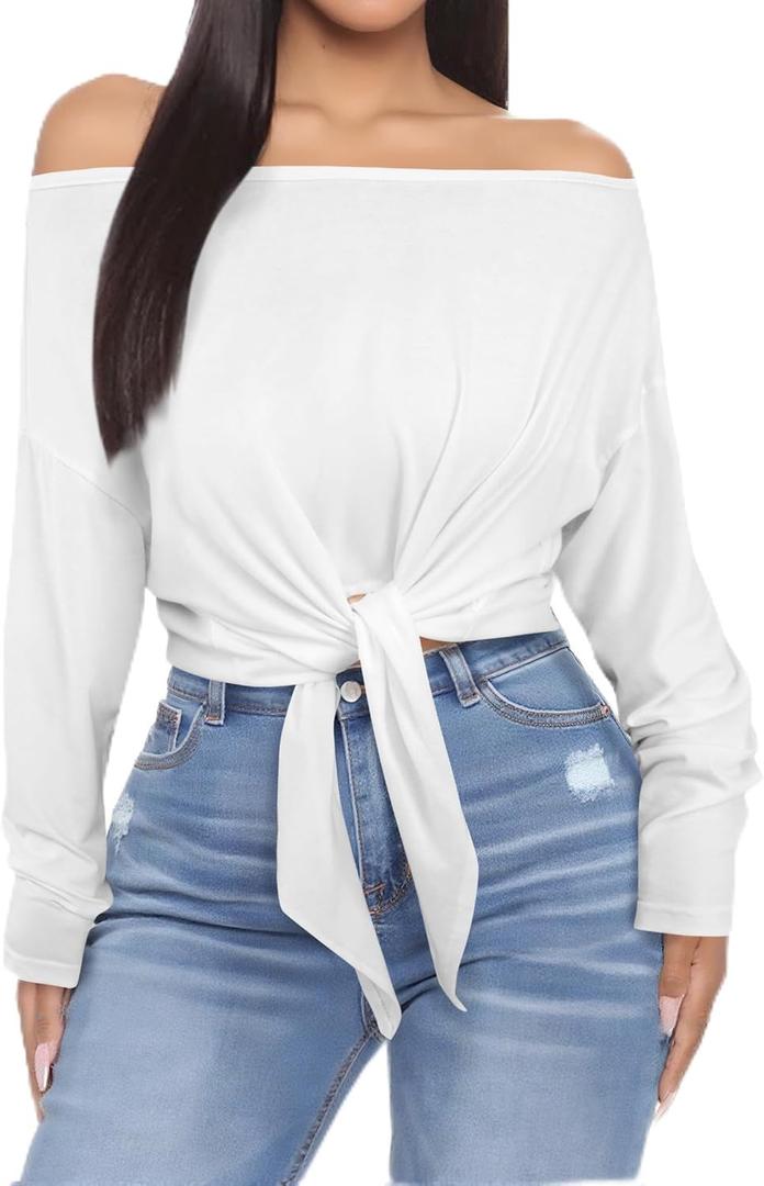 LovelyWholesale Womens Off The Shoulder Tops Tie Front Cropped Sexy Long Sleeve Shirts (Small, White)