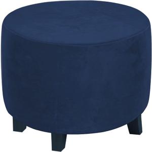 Round Ottoman Slipcover  Stretchable Footstool Cover with Elastic Bottom | Plush Velvet Fabric | Fits Storage Ottomans, Poufs & Stools (Navy, Medium)