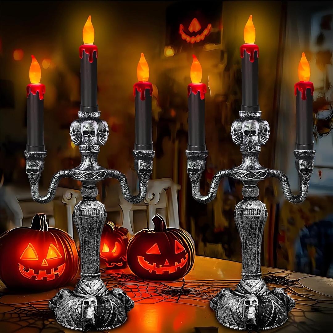 [ Extra Large ] 2 Pack Halloween Candelabra with LED Flame Less Candles Holder Battery Operated Flickering Lights Skull Candles for Halloween Decorations Indoor Home Table Party Haunted Mansion Decor