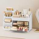 Delamu Makeup Organizer with Drawers for Vanity, Spacious Cosmetic Display Case with Makeup Brush Holder, Perfect Vanity Bathroom Organizer and Storage Solution for Skincare & Beauty Essentials, White