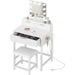BOLUO White Makeup Vanity Desk with Hollywood Mirror and Lights, Girls Vanity Set with Stool, Compact Make Up Table with Drawers and Outlet for Bedroom Small Space