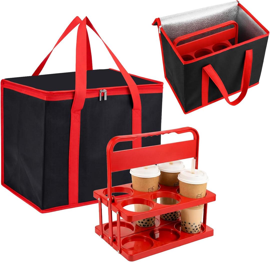 Reusable 6 Cup Drink Carrier with Handle and Insulated Bag, Grocery Catering Travel Thermal Frozen Carrier Foldable Plastic Cup Holder and Large Capacity Insulated Food Bag for Car Delivery, Travel