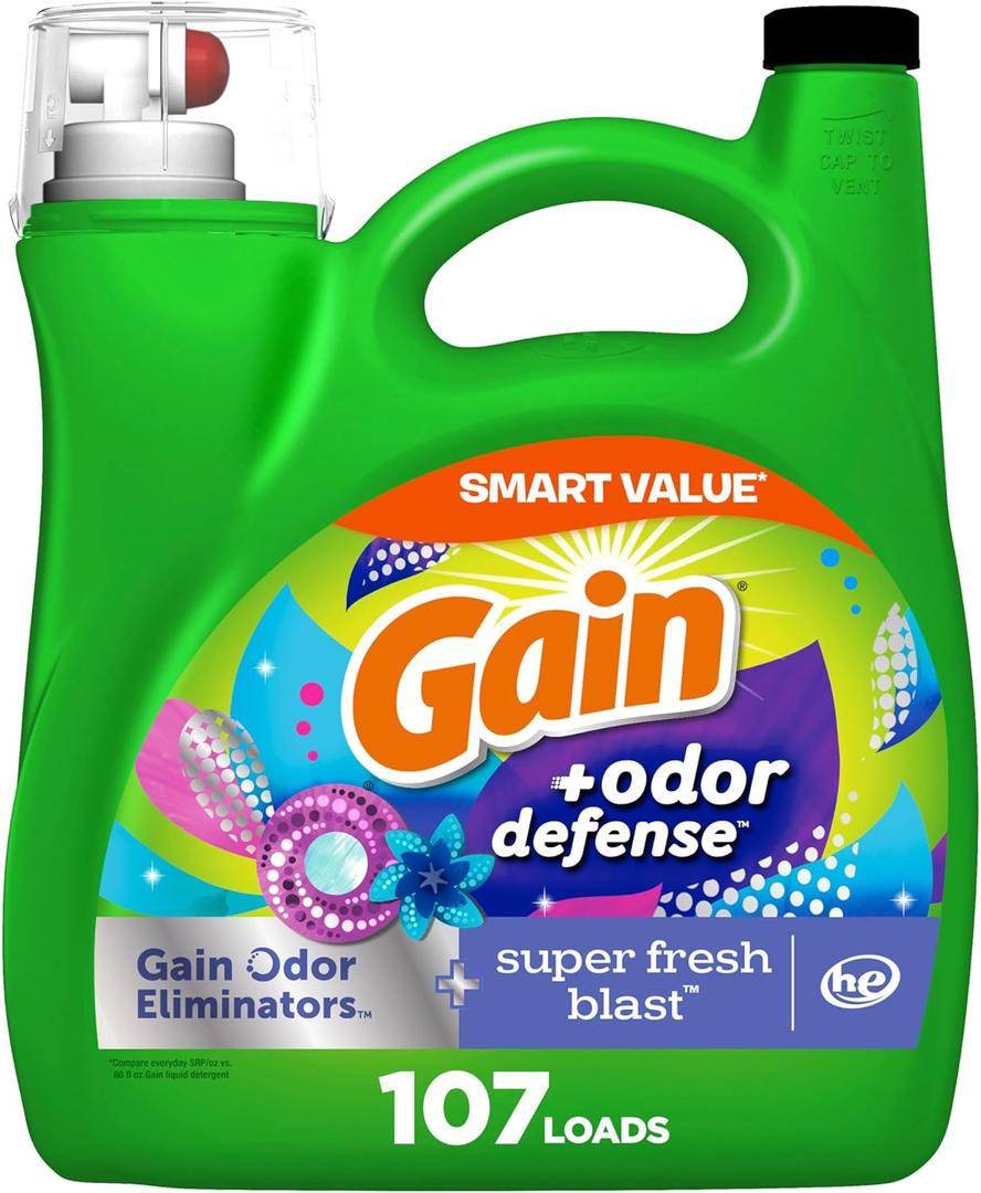 Gain + Odor Defense Liquid Laundry Detergent, Super Fresh Blast Scent, 107 Loads, HE Compatible (154 Fl Oz (Pack of 1))