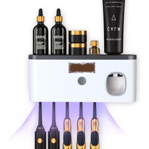 Wall Mounted Toothbrush Holder with Toothpaste Dispenser Electric Toothbrush Holder for Bathroom Solar Charging and No Drilling Required Smart Toothbrush Organizer with 5 Brush Slots (White - Black Top)