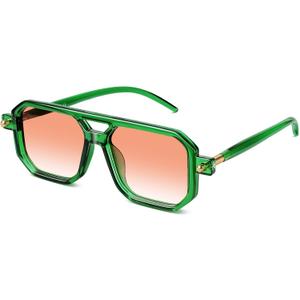 Retro Aviator Sunglasses for Women Men - 70s Trendy Square Vintage Shade Sun Glasses UV Protection (01 Transparent Green/Gradient Orange)