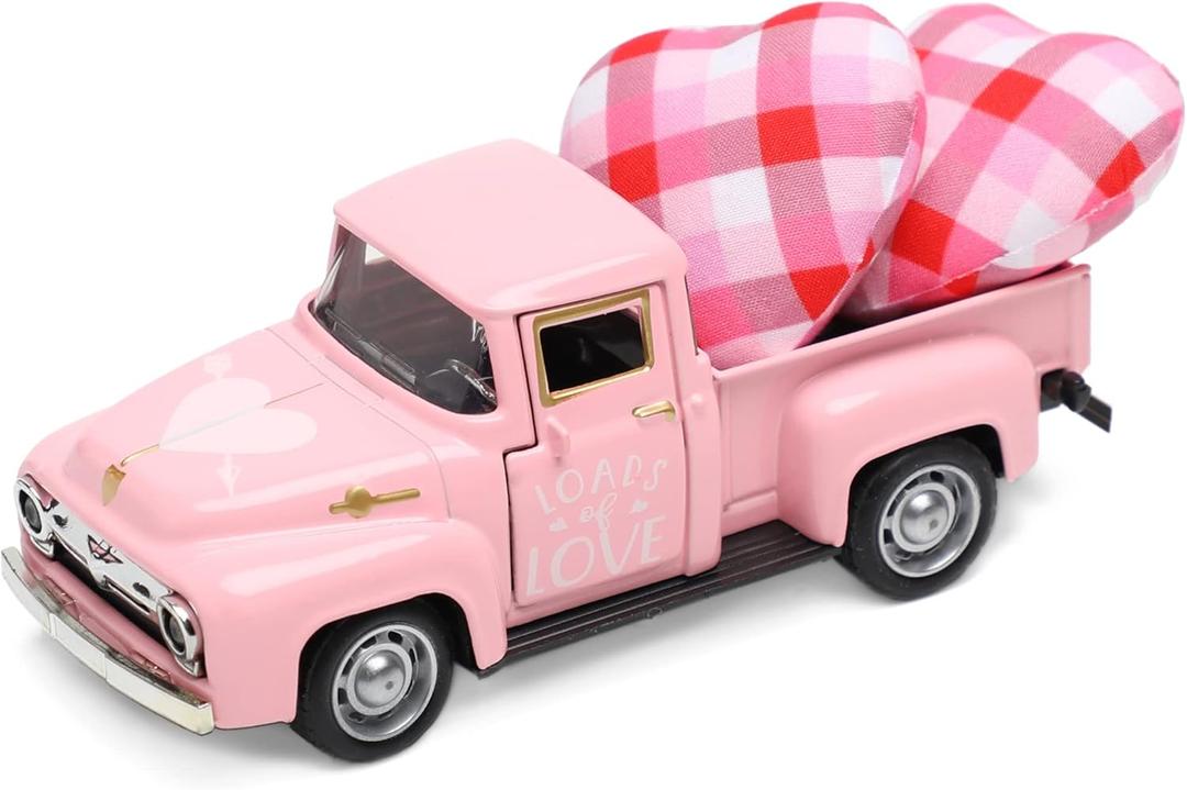 Valentines Day Metal Farm Truck with 2 Hearts, Valentines Decorations Vintage Love Romantic Tiered Tray Decor Mini Diecast Pickup Truck Model for Tabletop Shelf Table Dcor 4.8inch (Pink)