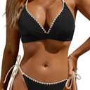Aidonger Bikini Set for Women Sexy String Two Piece Swimsuit Halter Triangle Shell Stitched Bathing Suit (Black, L)