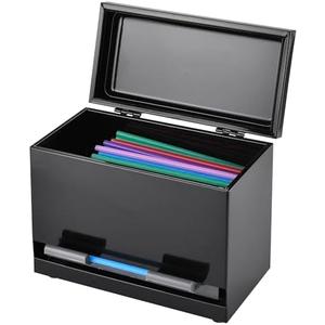 2Fold Stainless Steel Straw Dispenser - Drinking Straw Holder For Bulk Unwrapped Paper and Disposable Plastic Straws - Includes Custom Label Stickers (Black)