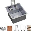 TORVA RV Kitchen Sink, 13 x 15 x 7 Inch Undermount Bar Sink 16 Gauge Stainless Steel Single Bowl Sink with Foldable Faucet Cutting Board, Grey