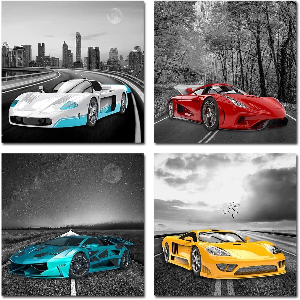Rtriel Car Pictures Black and White Wall Art Racing Car Canvas Prints for Men Teen Boys Room Sports Car Wall Decor 12 x 12 Inches 4 Pieces