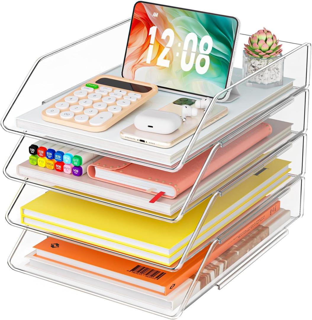 YKLSLH Simple 4 Tier Paper Organizer Letter Tray - Acrylic Stackable Desk File Organizer, Clear Paper Sorter Office Organizer for Letter/ A4, Office File Ipad Books Notes Etc