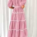 PRETTYGARDEN Women's Summer Button Down Shirt Dress Short Puffy Sleeve Tiered Ruffle Flowy Long Maxi Dresses (Pink, Size XXL)