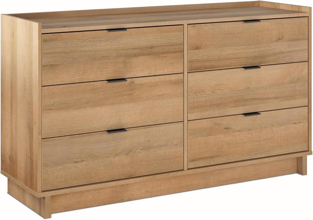 Prepac Simply Modern 6-Drawer Double Dresser for Bedroom, Chest of Drawers, Modern Bedroom Furniture, 52.5 Wide x 16 deep x 29.5 Tall, Oak
