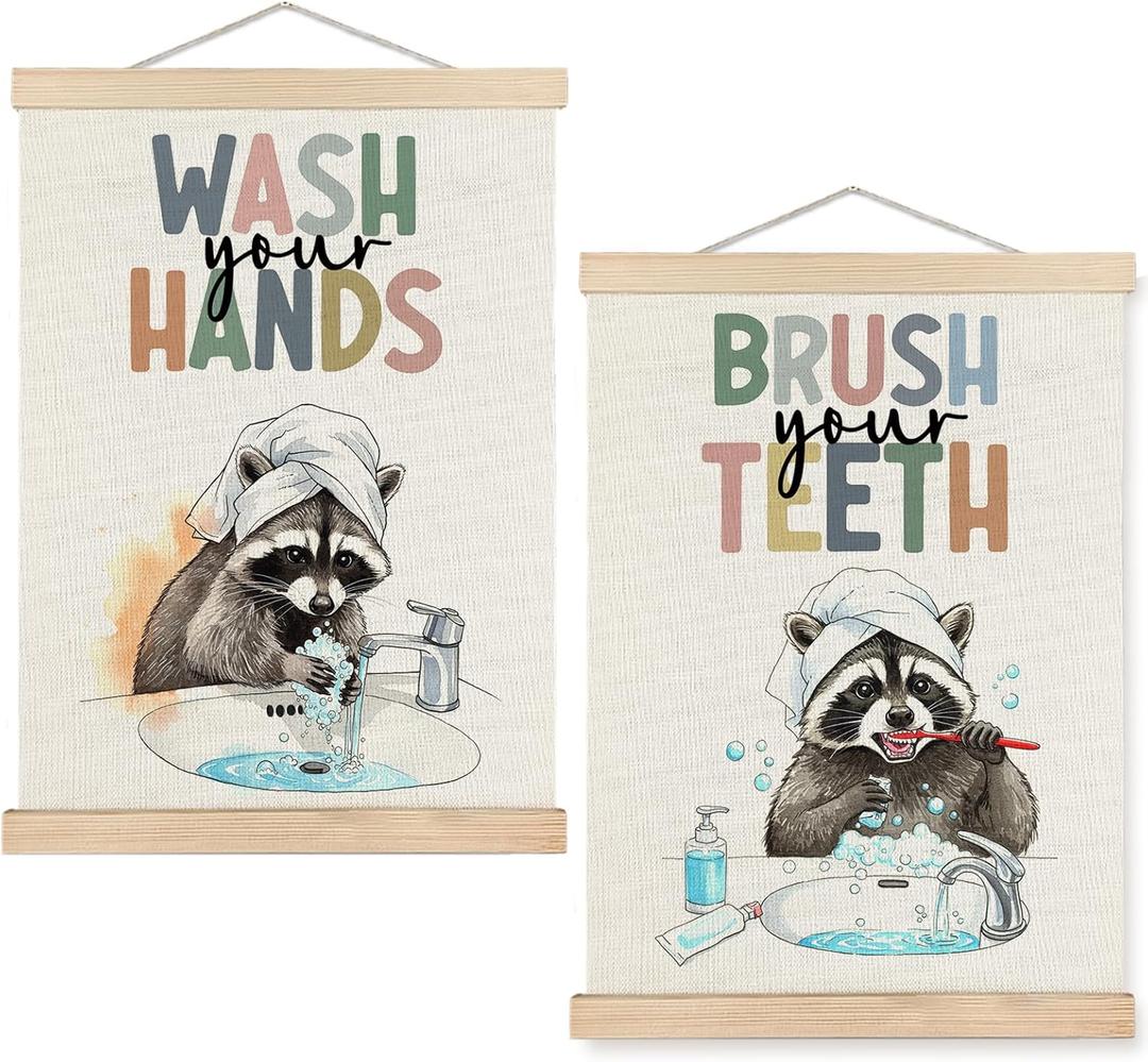 SPBL&L Funny Raccoon Bathroom Wall Art, Bathroom Raccoon Poster Hanger Frame, Humor Trash Panda Hanging Canvas Pictures Prints Wall Decor for Kids Bath Room Washroom, 12x16 Inch Set of 2
