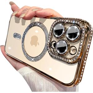 Magnetic Glitter Diamond for iPhone 16 Pro Case[Compatible with MagSafe] Sparkle Rhinestone Camera Lens Protector Plated,Crtstal Clear Slim Military Drop Shockproof Cover for Women,Gold