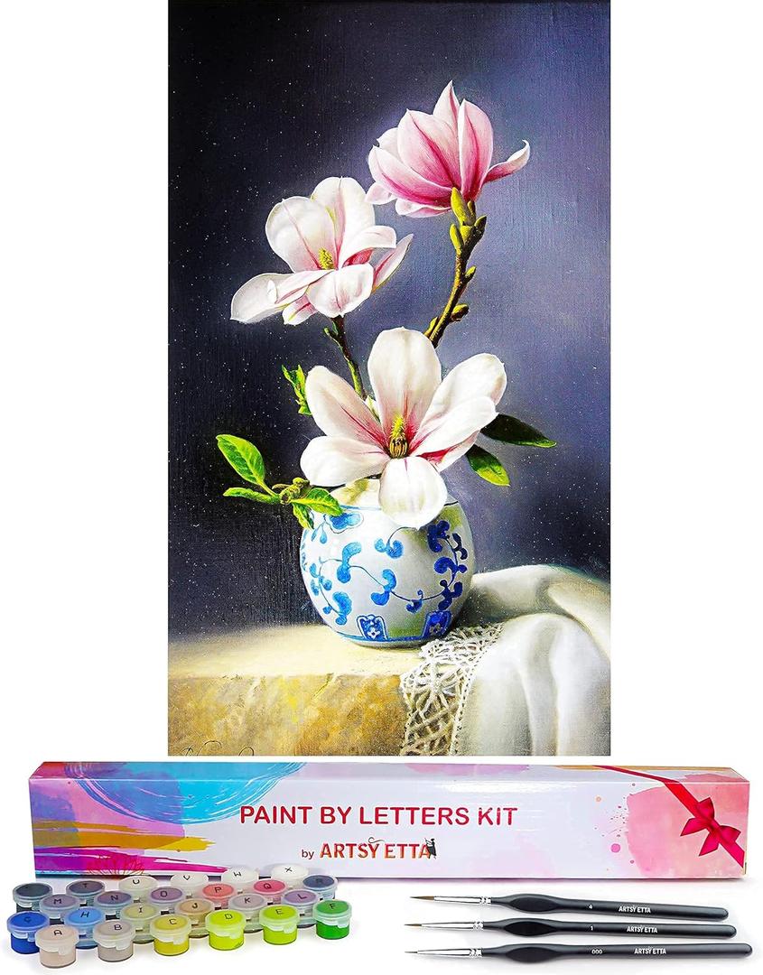 Artsy Etta Paint by Number for Adults Beginners with Letters - Adults' Paint-by-Number Kits - Paint by Numbers Flowers - Easy DIY Acrylic Painting on Canvas, Sip & Craft Art Set