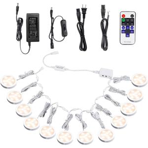 AIBOO Linkable Under Cabinet LED Lighting 12V Dimmable Puck Lights with Wireless RF Remote Control, Hardwired & Wall Plug in for Kitchen Mood Lighting (Warm White, 12 Lights Kit)